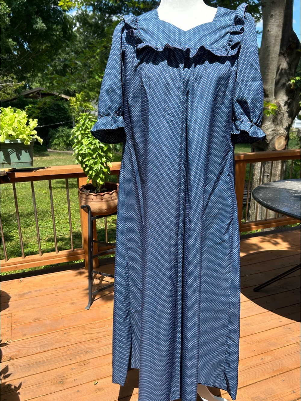 Vintage Dress Sears Hawaii Navy Dot Ruffle Maxi Prairie Peasant Boho USA Size 8